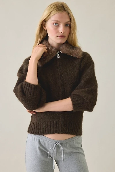 Steve Madden Odessa 3/4 Sleeve Faux Fur Collar Zip-Up Cardigan