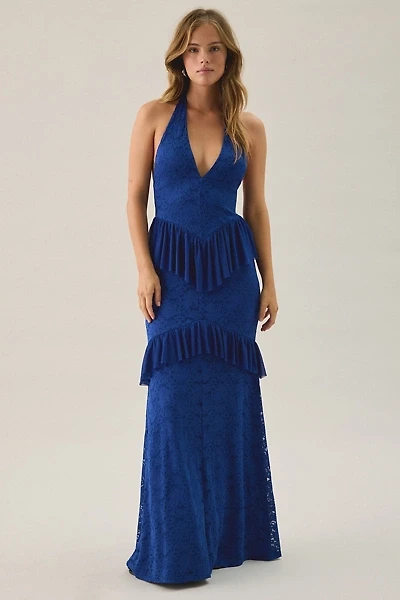AFRM Athens Asymmetric Ruffle Lace Halter Maxi Dress
