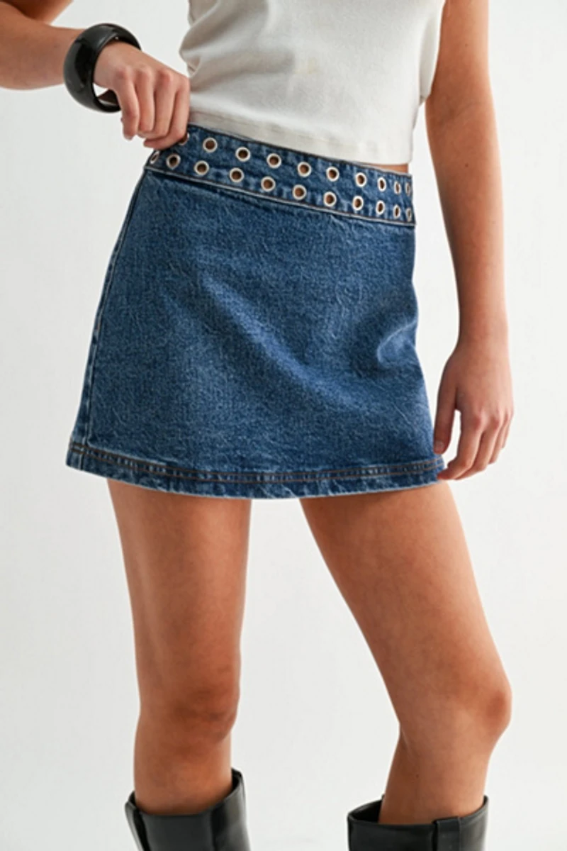 Jemina Denim Orbit Grommet Micro Skirt