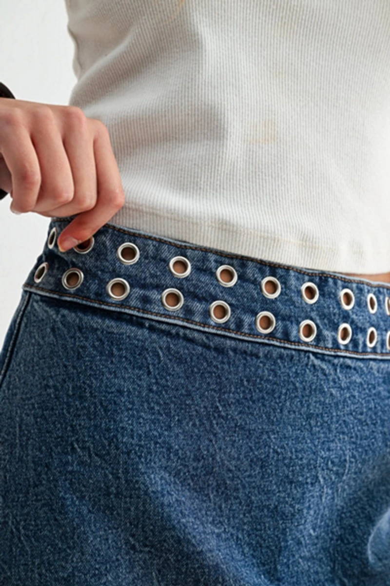 Jemina Denim Orbit Grommet Micro Skirt