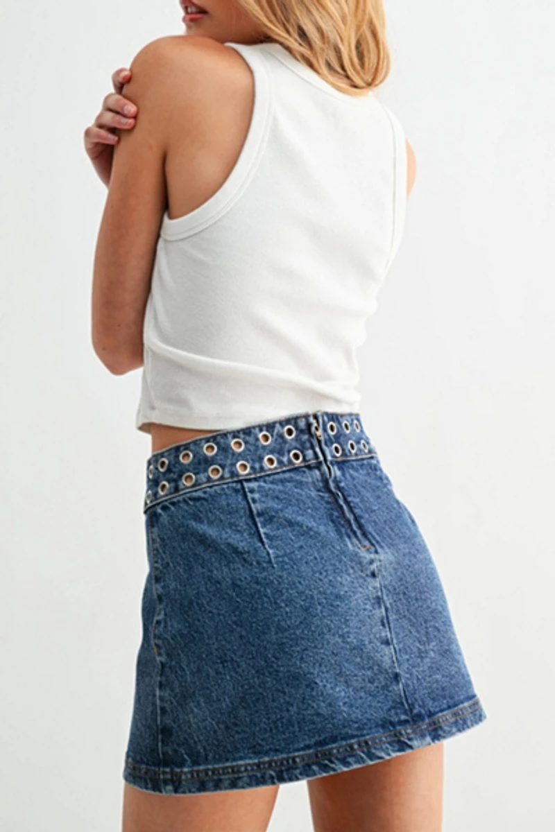 Jemina Denim Orbit Grommet Micro Skirt