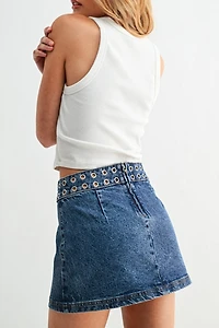 Jemina Denim Orbit Grommet Micro Skirt