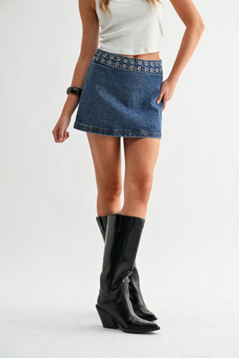 Jemina Denim Orbit Grommet Micro Skirt