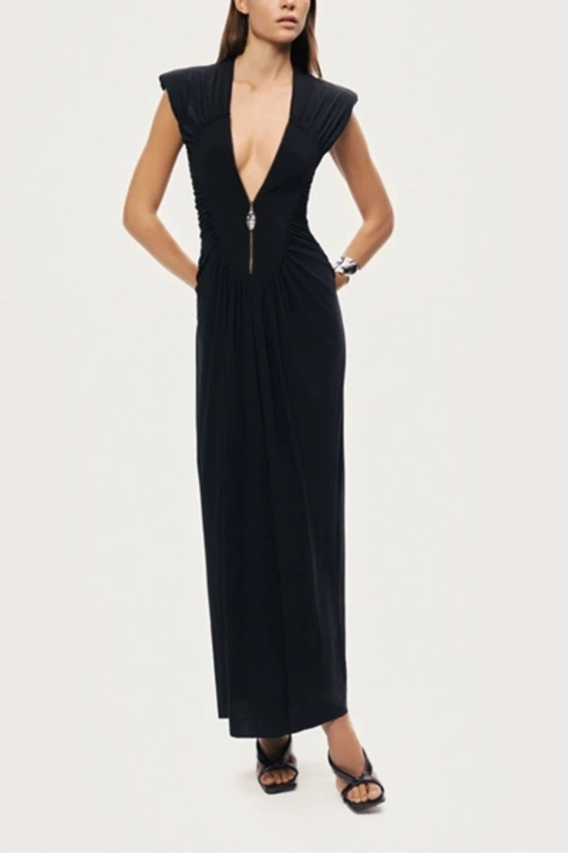 Nocturne Ruched Deep V-Neck Maxi Dress
