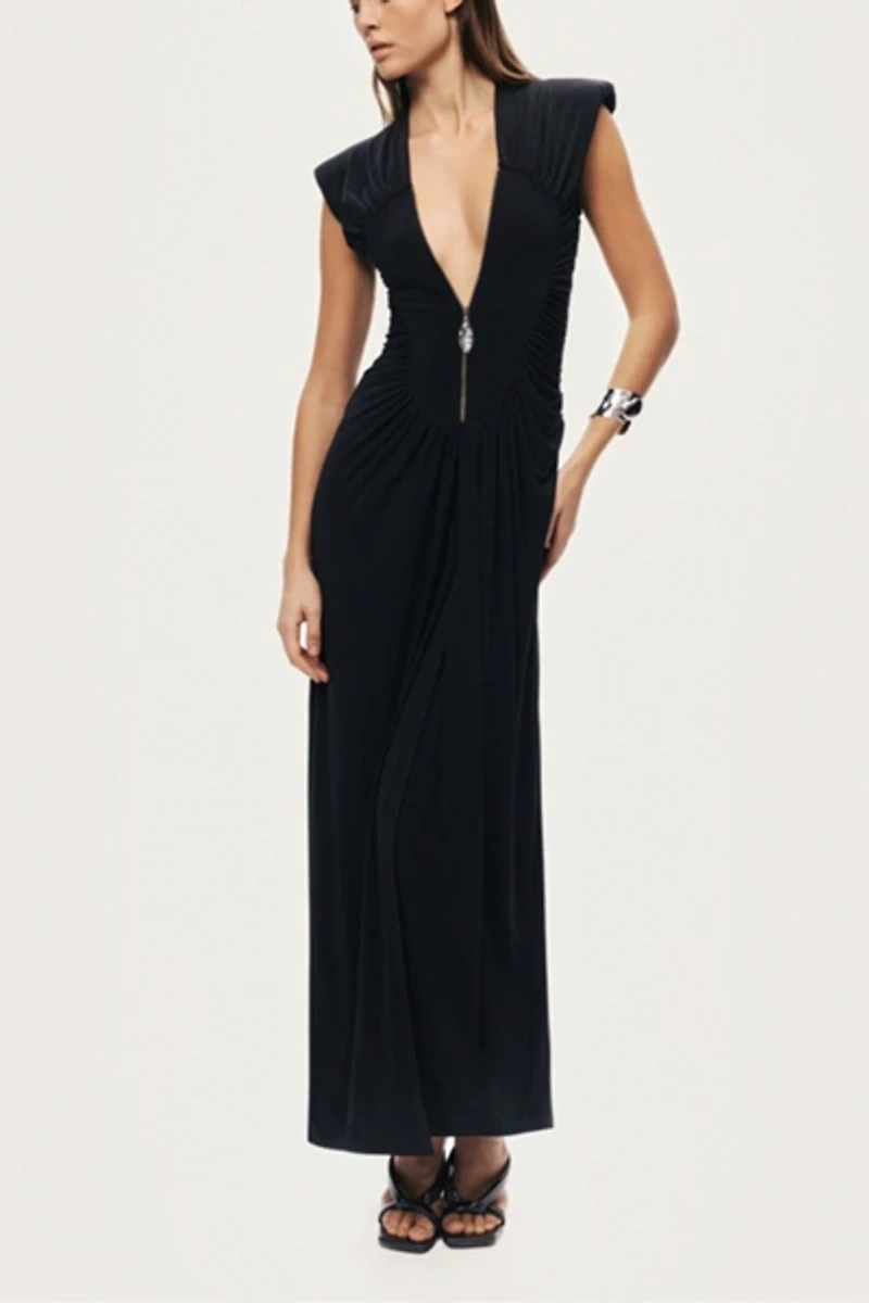 Nocturne Ruched Deep V-Neck Maxi Dress