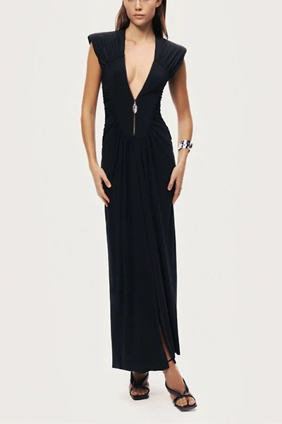Nocturne Ruched Deep V-Neck Maxi Dress