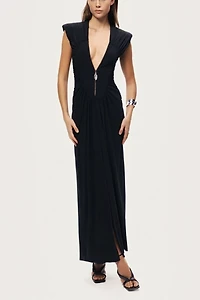 Nocturne Ruched Deep V-Neck Maxi Dress