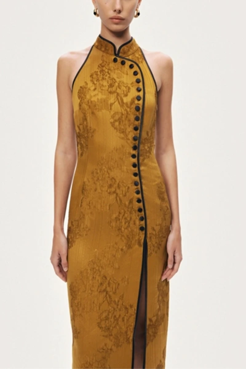Nocturne High Neck Button Detail Midi Dress