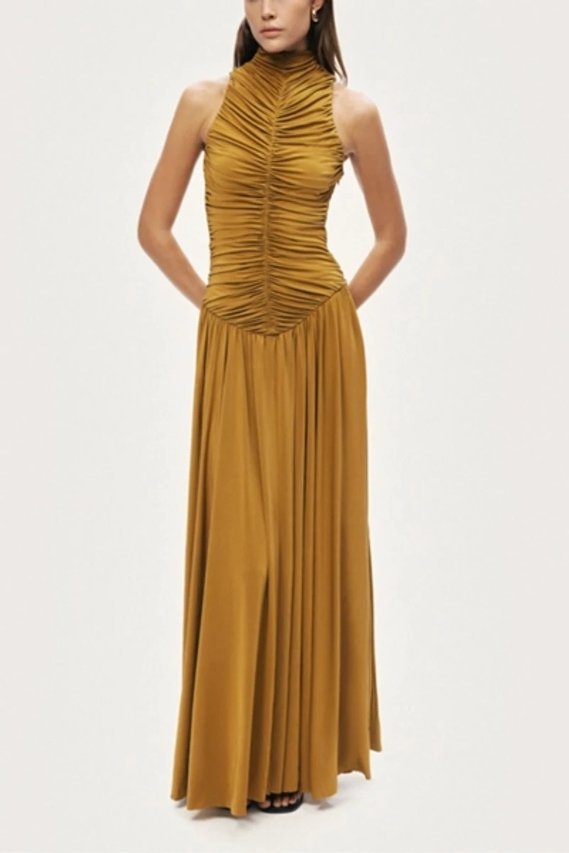 Nocturne Ruched High-Neck Maxi Dress