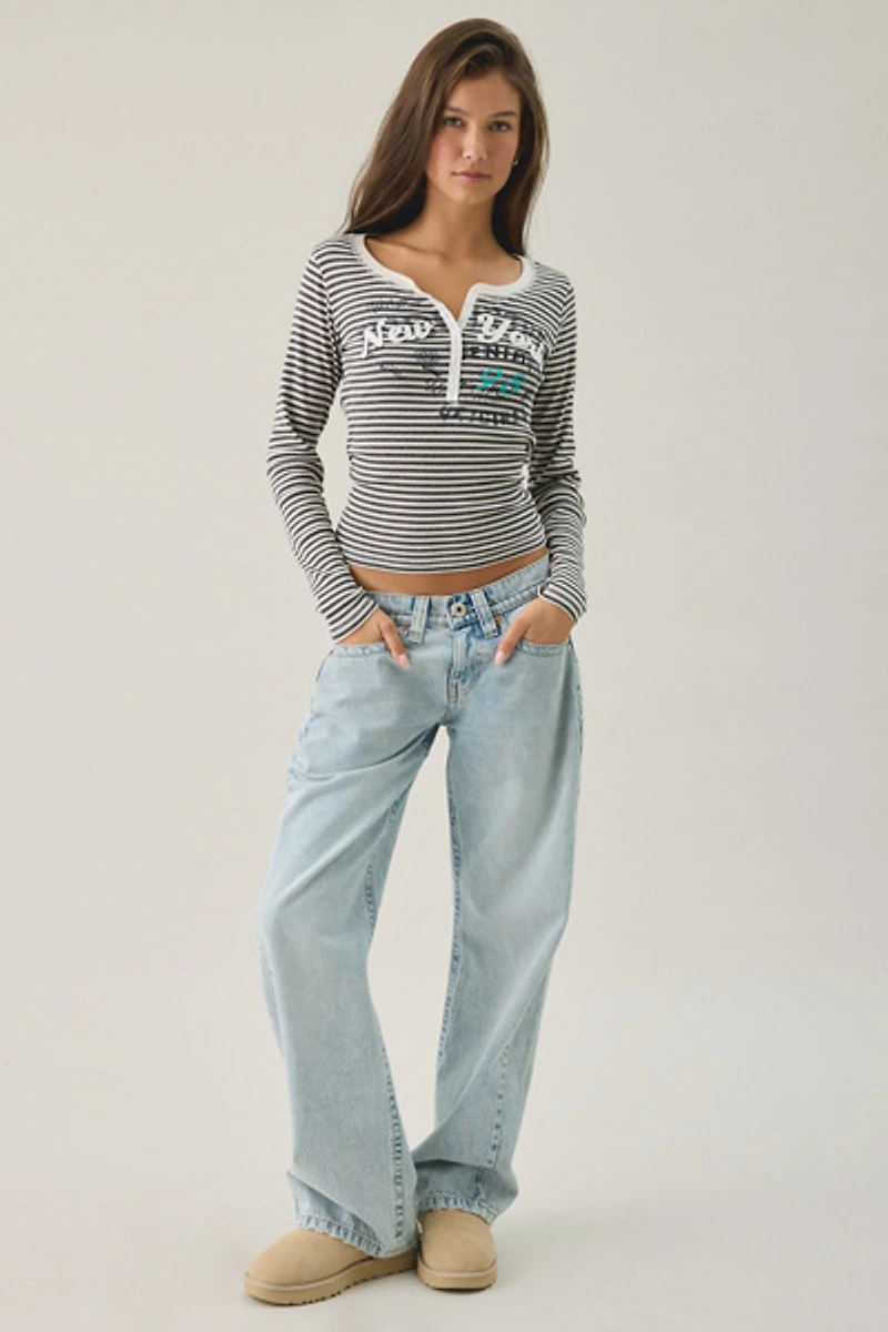 BDG NYC Applique Graphic Long Sleeve Henley Tee