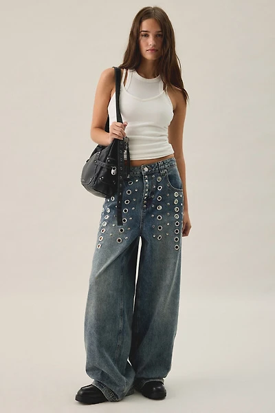 The Ragged Priest Puncture Eyelet Studded Mid-Rise Baggy Jeans