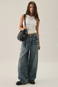 The Ragged Priest Puncture Eyelet Studded Mid-Rise Baggy Jeans