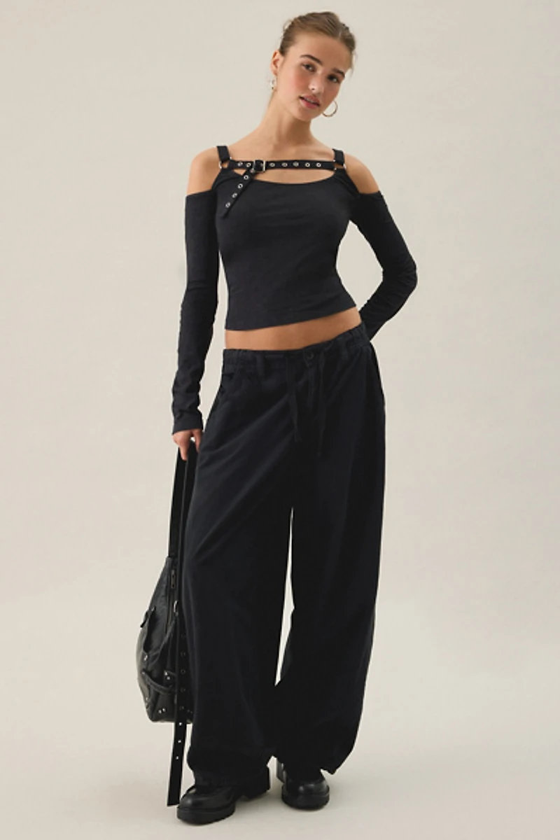 The Ragged Priest Sucker Belted Long Sleeve Cold Shoulder Top
