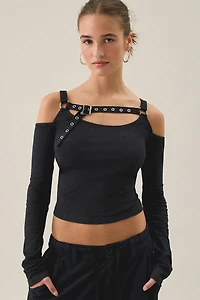 The Ragged Priest Sucker Belted Long Sleeve Cold Shoulder Top