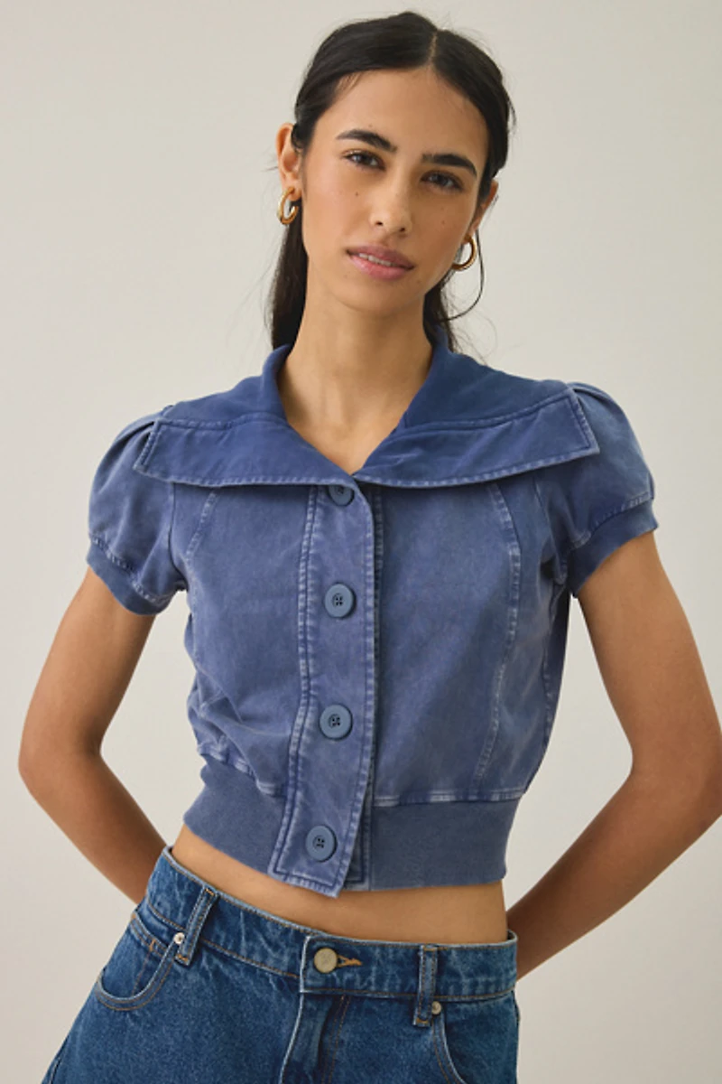 BDG Library Flirt Knit Short Sleeve Button-Down Top