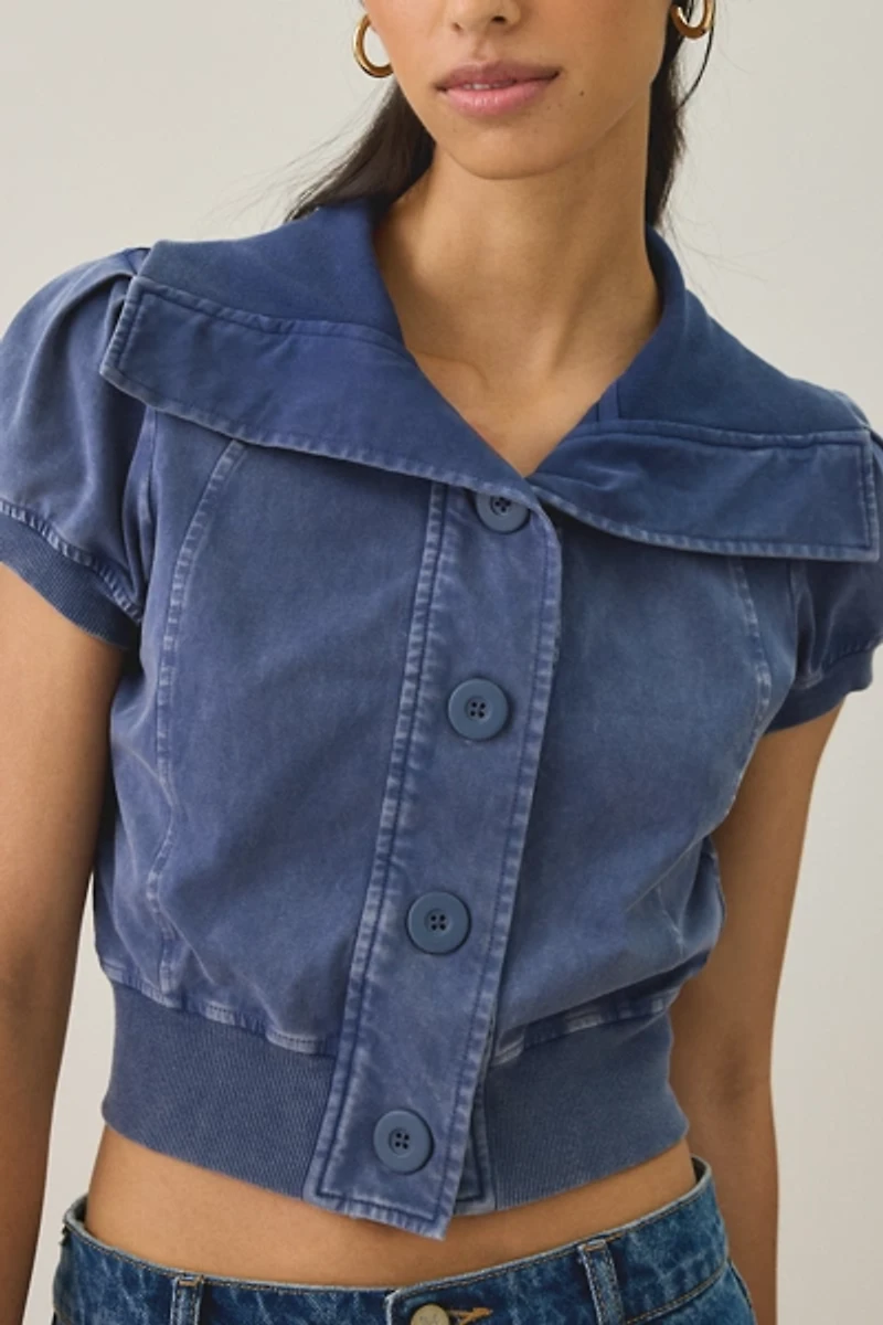 BDG Library Flirt Knit Short Sleeve Button-Down Top