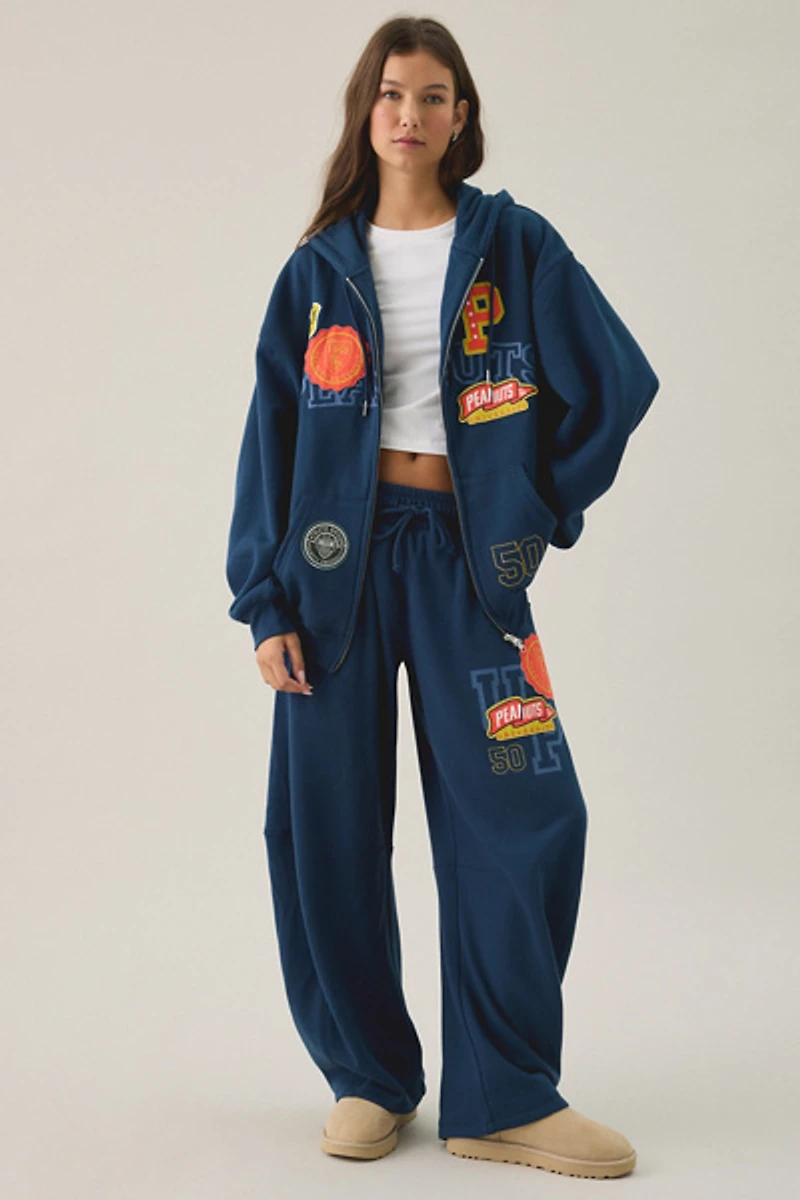 Peanuts University Graphic Oversized Zip-Up Hoodie Sweatshirt