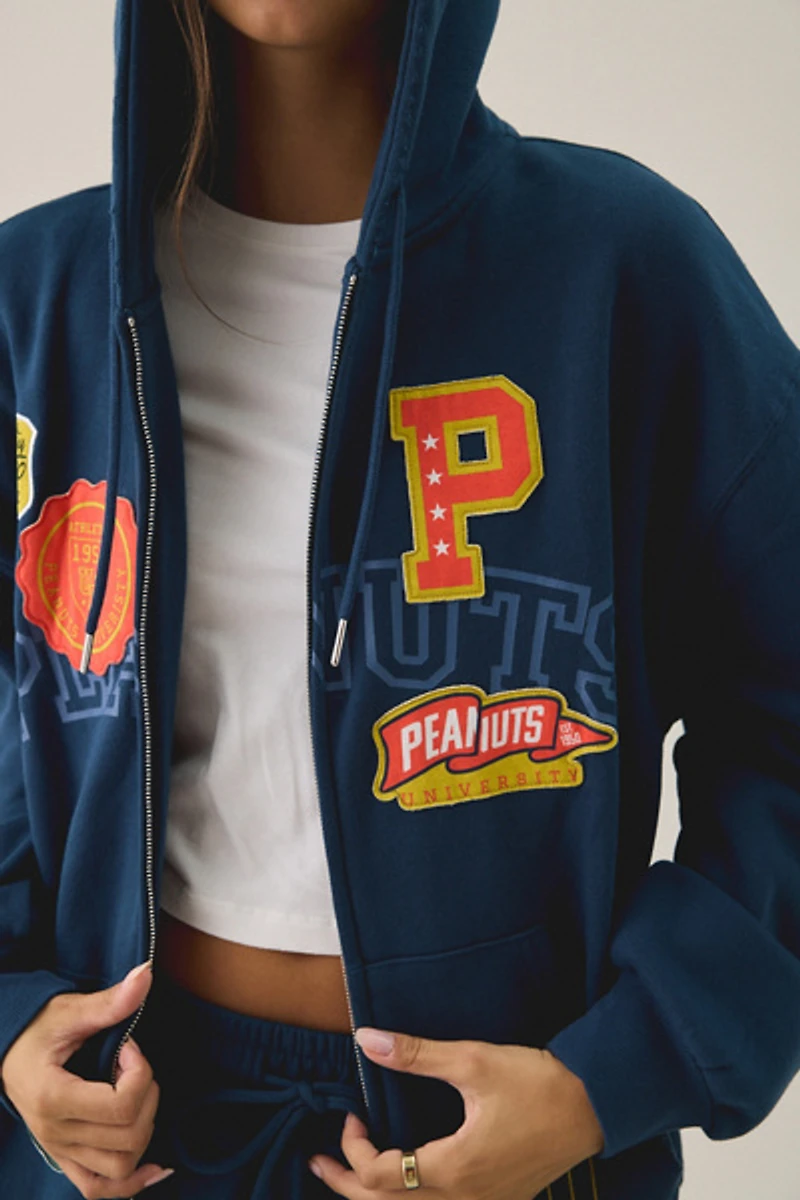 Peanuts University Graphic Oversized Zip-Up Hoodie Sweatshirt