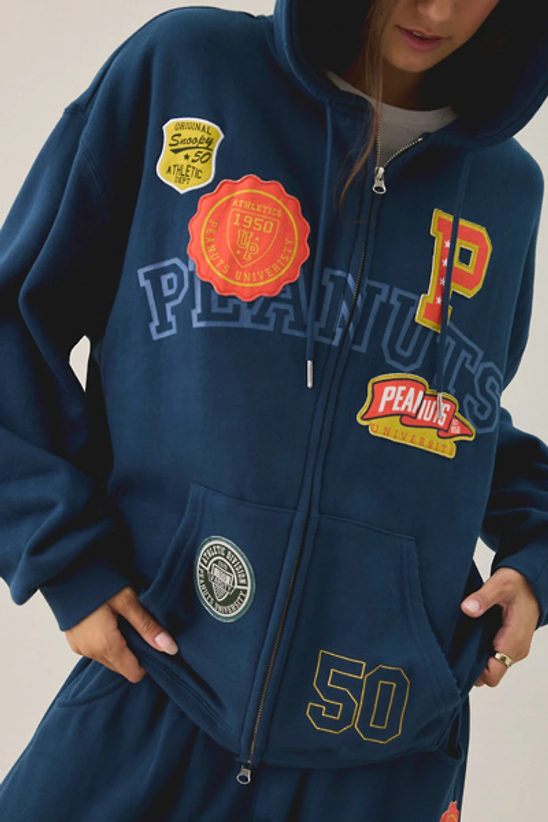 Peanuts University Graphic Oversized Zip-Up Hoodie Sweatshirt