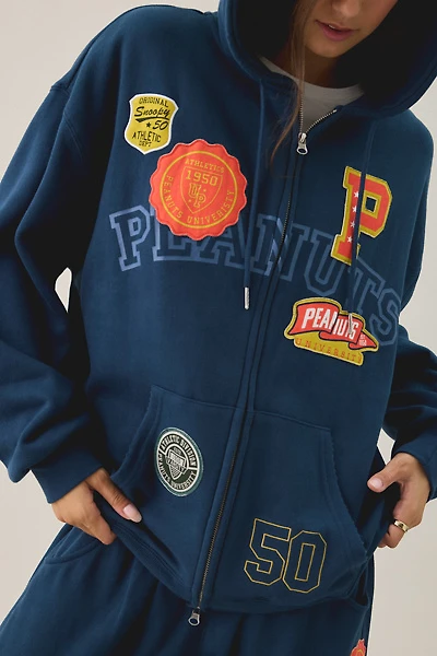 Peanuts University Graphic Oversized Zip-Up Hoodie Sweatshirt