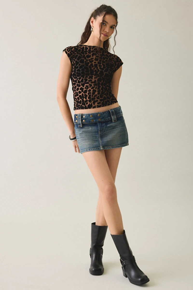 Motel Nova Leopard Print Mesh Boatneck Crop Top