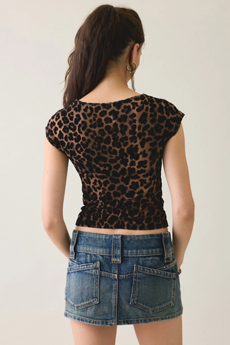 Motel Nova Leopard Print Mesh Boatneck Crop Top