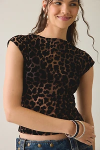 Motel Nova Leopard Print Mesh Boatneck Crop Top