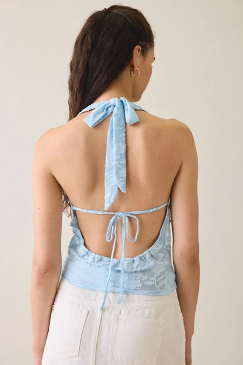 Motel Yukari Jacquard Lace Plunging Cowl Halter Top