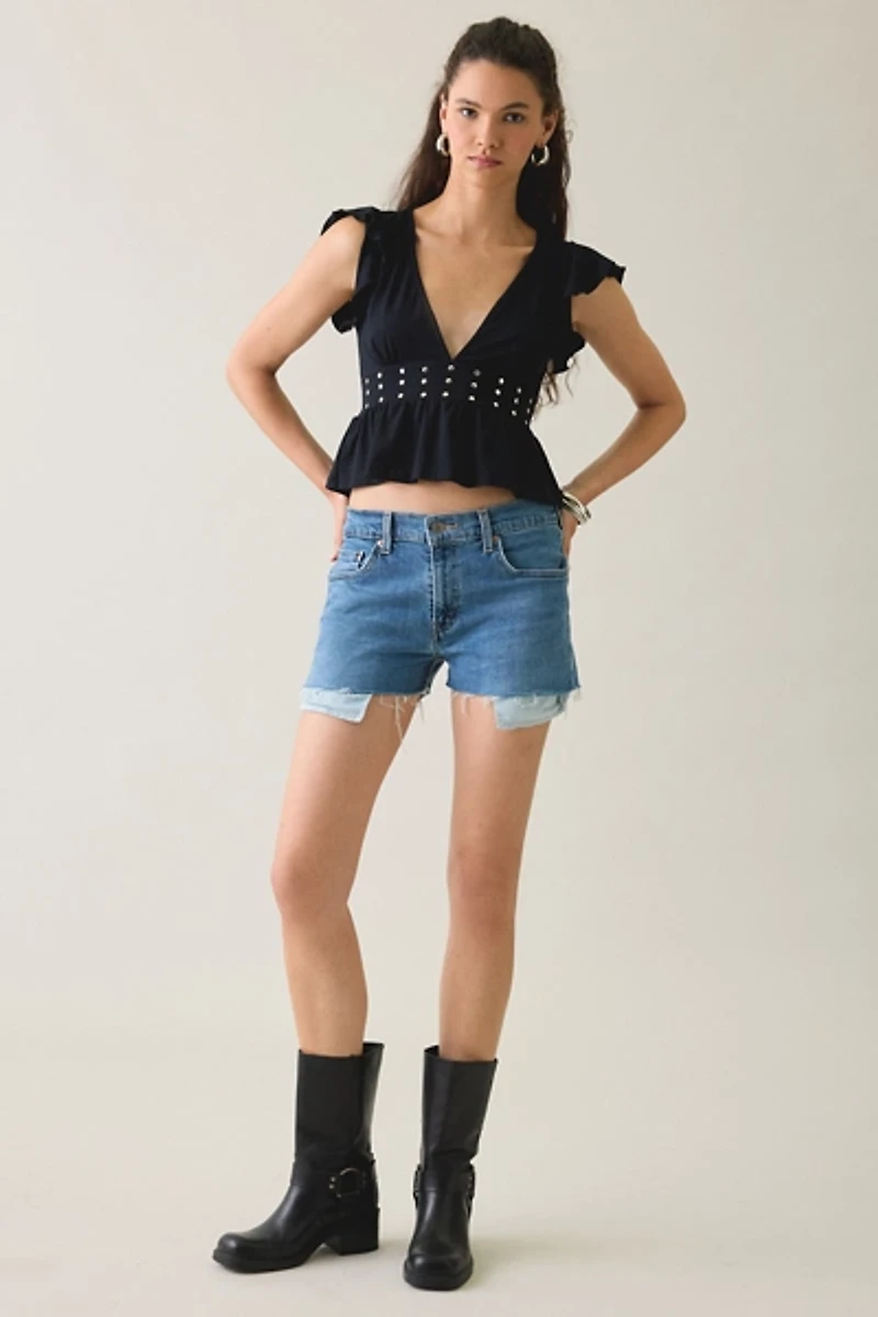 Motel Leisma Plunging Studded Frill Peplum Top