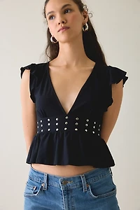 Motel Leisma Plunging Studded Frill Peplum Top