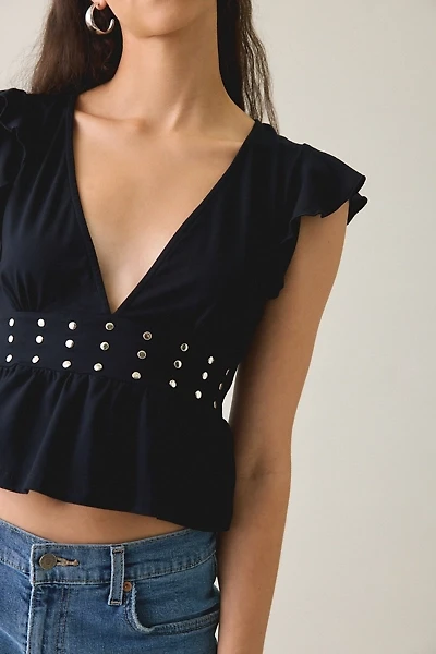 Motel Leisma Plunging Studded Frill Peplum Top