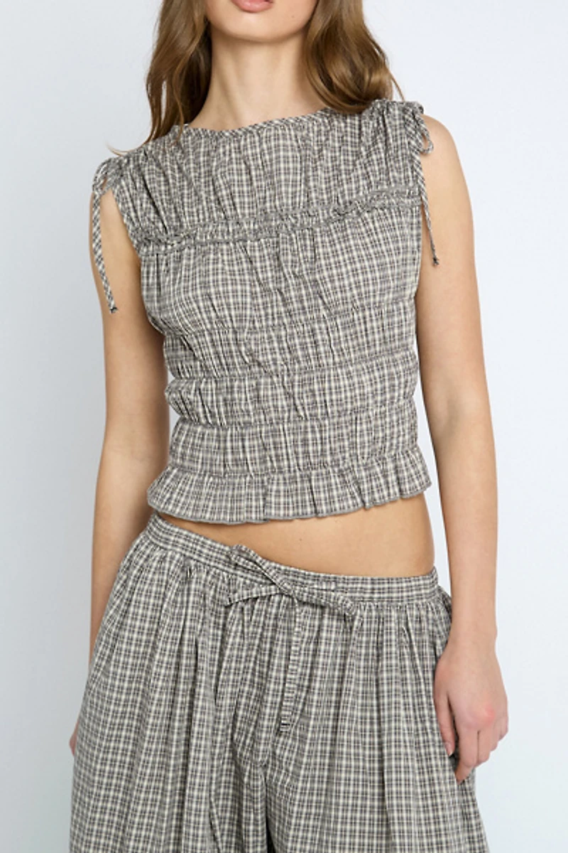 Daisy Street Sherbet Checked Shirred Sleeveless Top