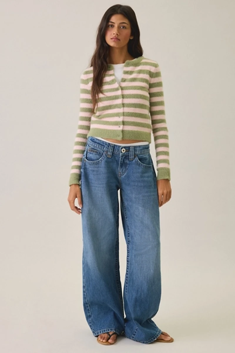 Daisy Street Fuzzy Multi-Stripe Cropped Cardigan