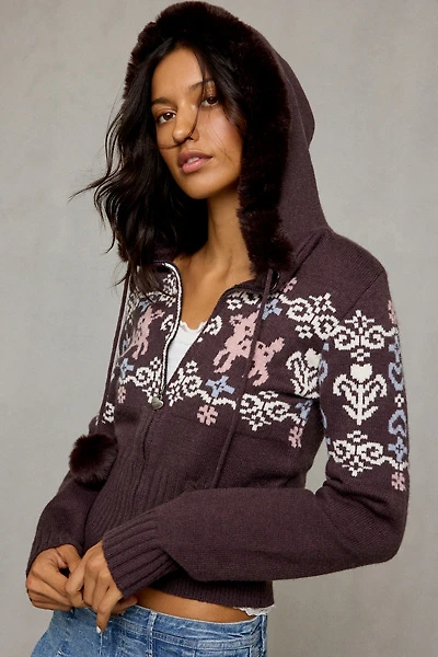 Daisy Street Eclair Fair Isle Knit Full-Zip Hooded Sweater