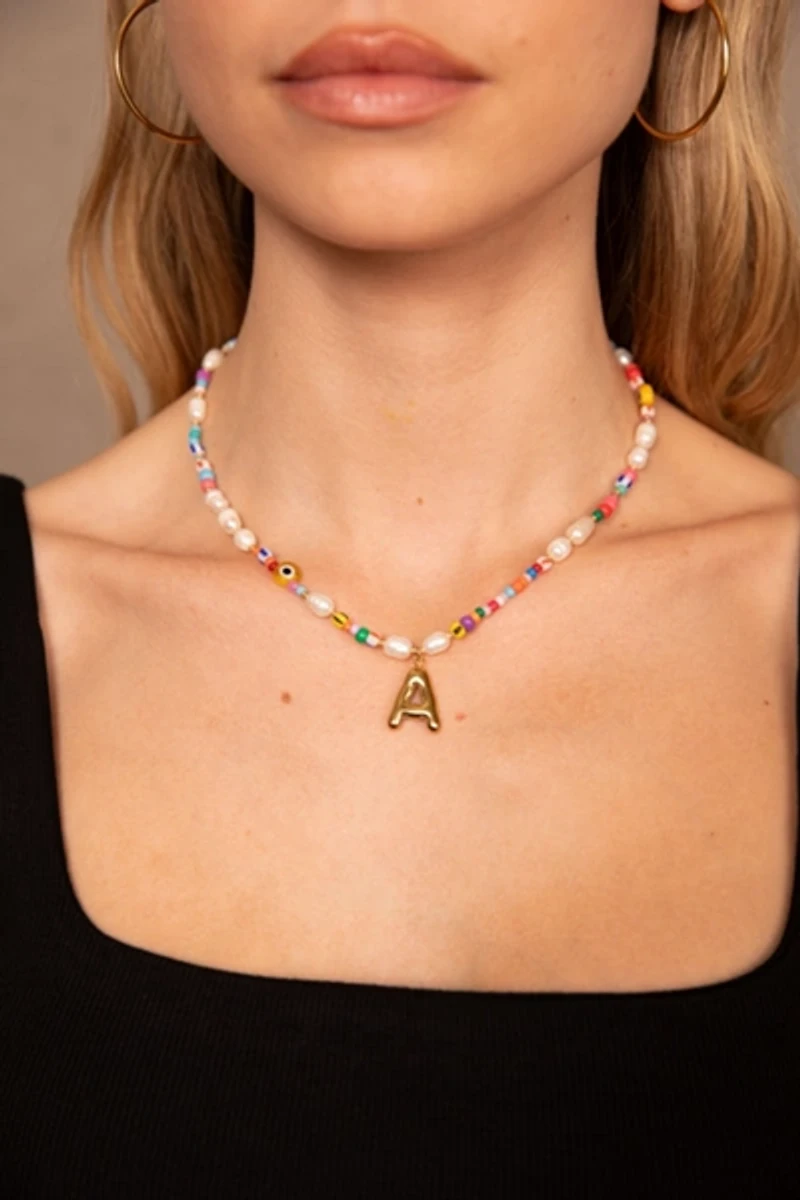 Petit Moments Beaded Pearl Bubble Initial Necklace