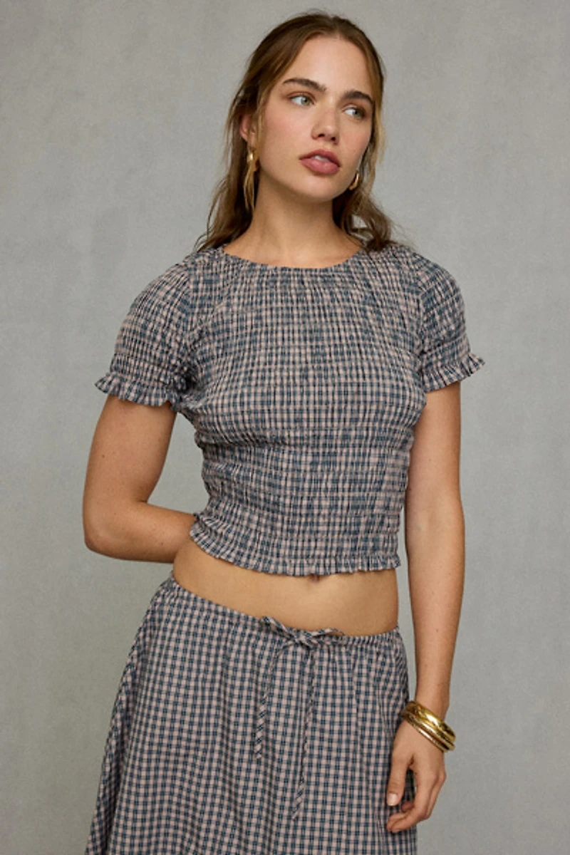 Glamorous Gingham Shirred Short Sleeve Top