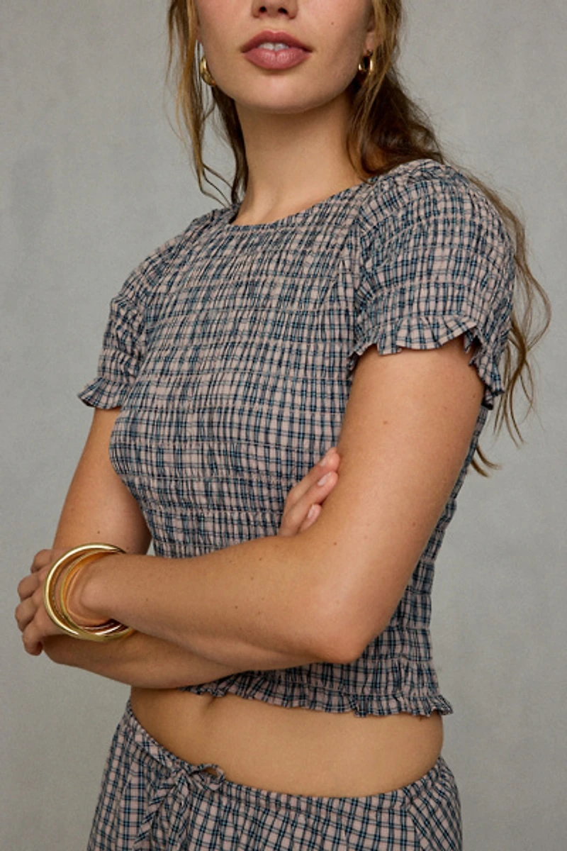 Glamorous Gingham Shirred Short Sleeve Top