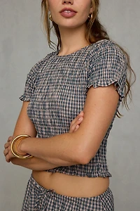 Glamorous Gingham Shirred Short Sleeve Top