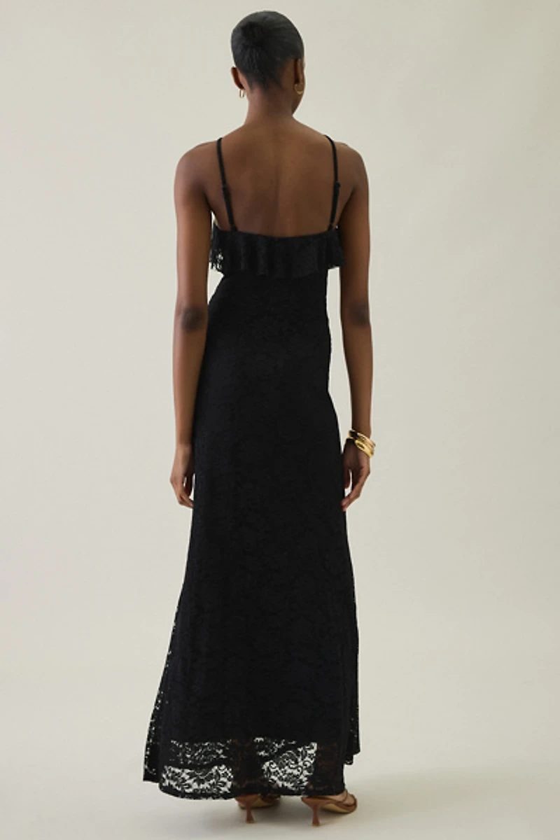 UO Lila Ruffle High Neck Lace Maxi Dress