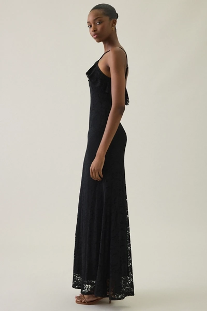 UO Lila Ruffle High Neck Lace Maxi Dress
