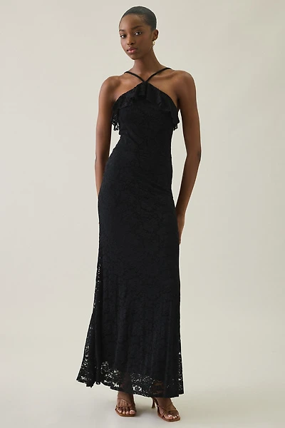 UO Lila Ruffle High Neck Lace Maxi Dress