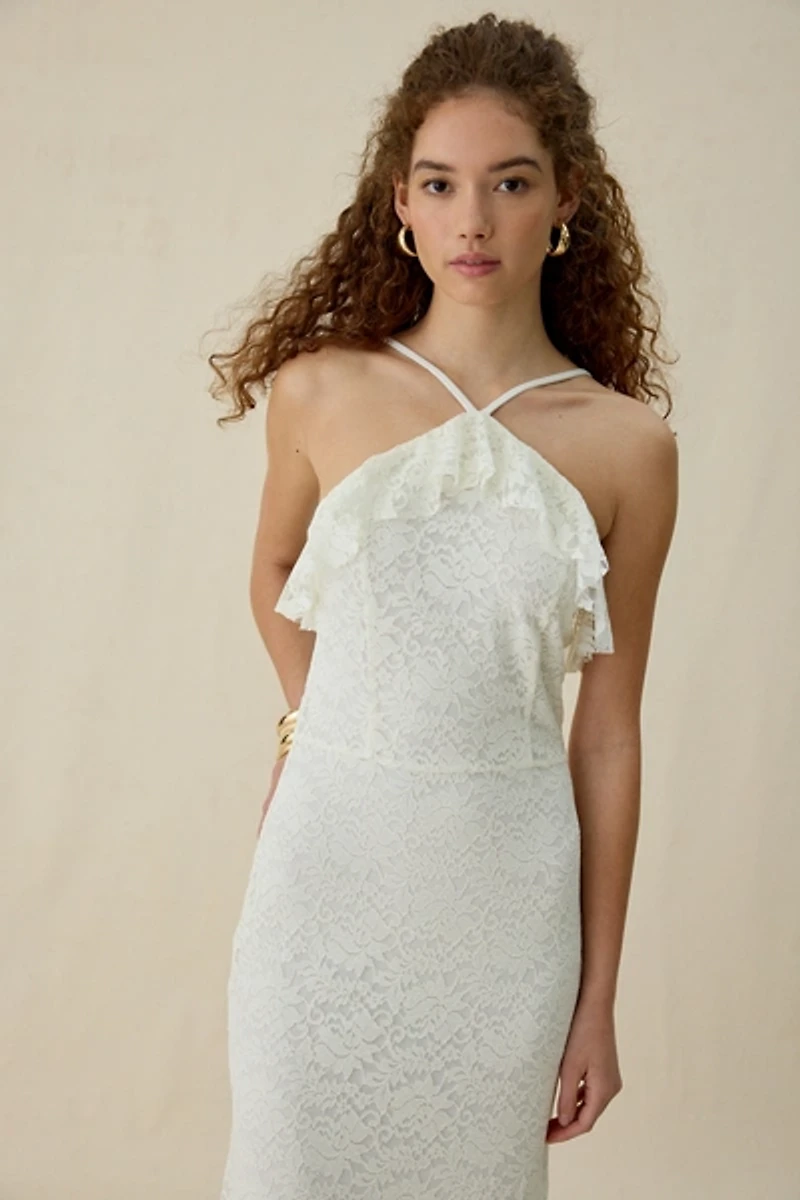 UO Lila Ruffle High Neck Lace Maxi Dress