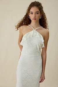 UO Lila Ruffle High Neck Lace Maxi Dress