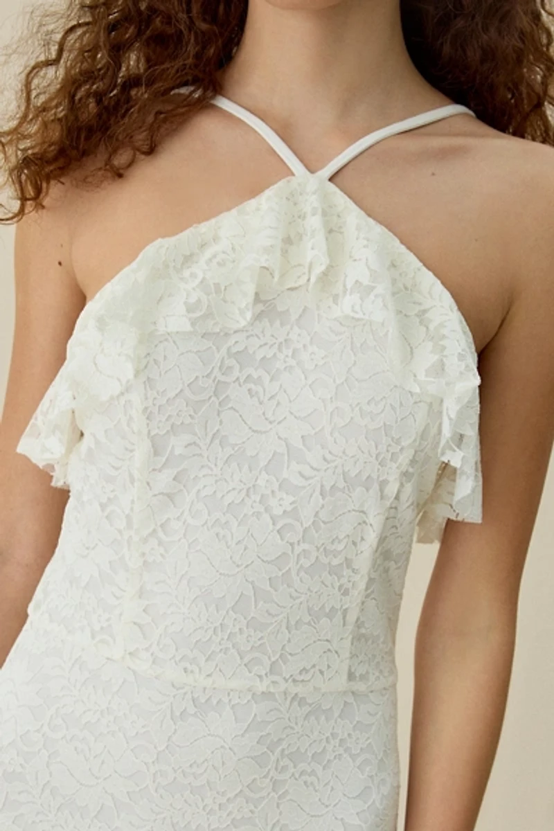UO Lila Ruffle High Neck Lace Maxi Dress