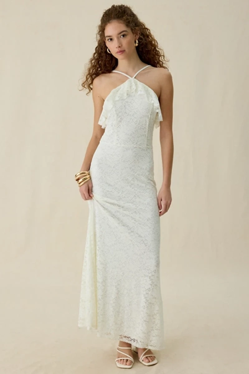 UO Lila Ruffle High Neck Lace Maxi Dress