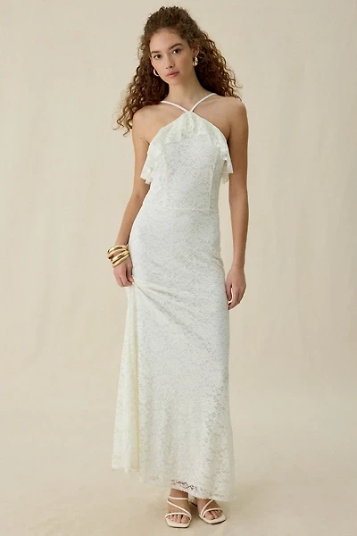 UO Lila Ruffle High Neck Lace Maxi Dress