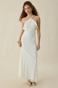 UO Lila Ruffle High Neck Lace Maxi Dress