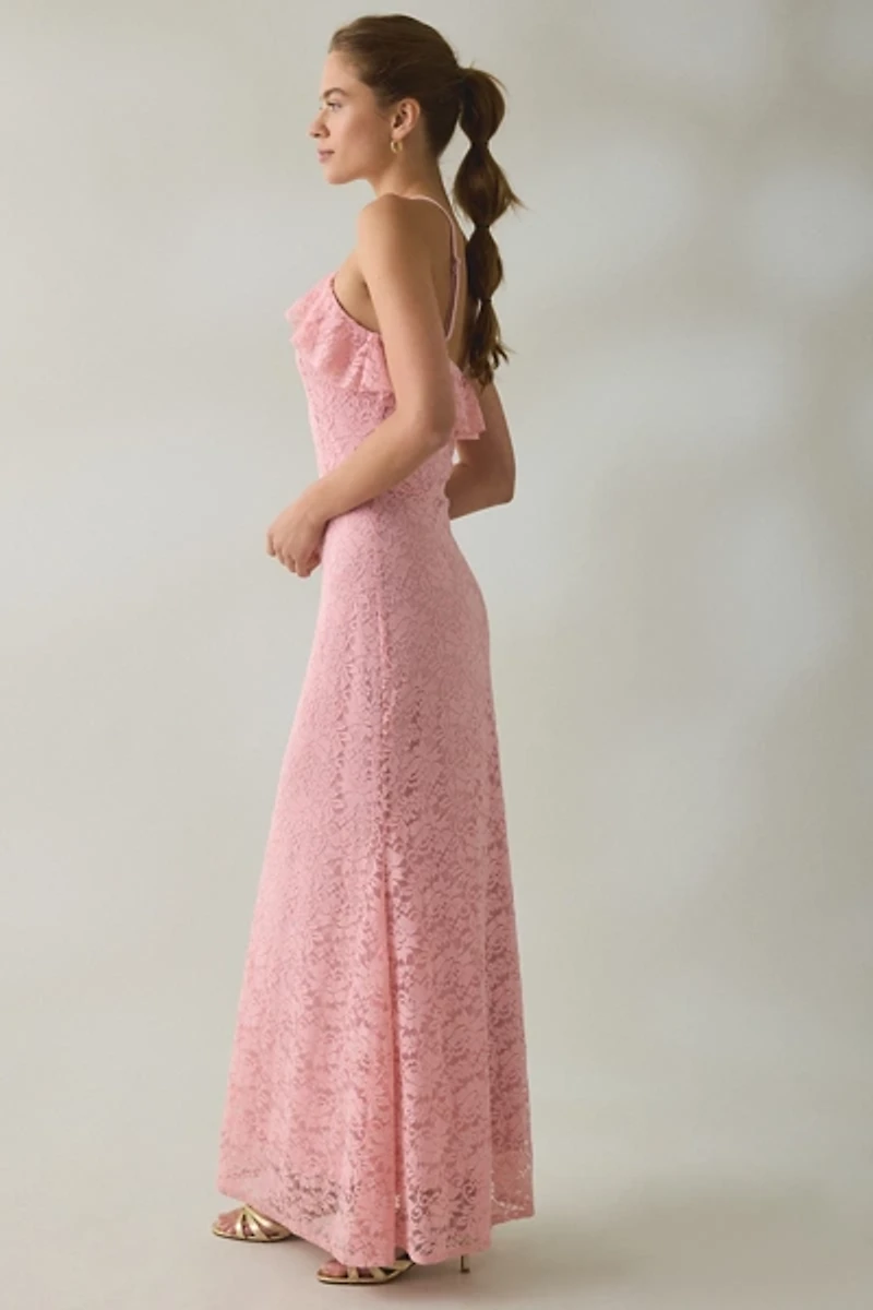 UO Lila Ruffle High Neck Lace Maxi Dress