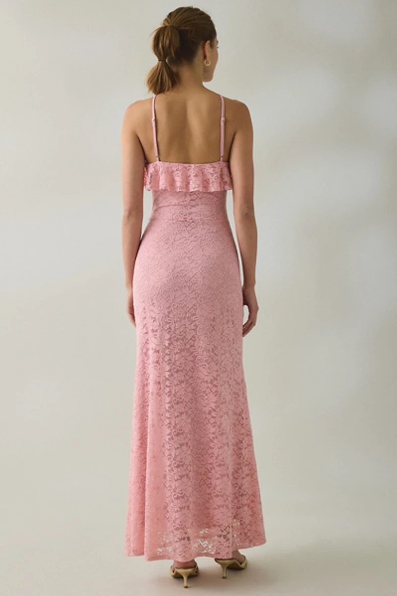 UO Lila Ruffle High Neck Lace Maxi Dress