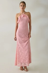 UO Lila Ruffle High Neck Lace Maxi Dress